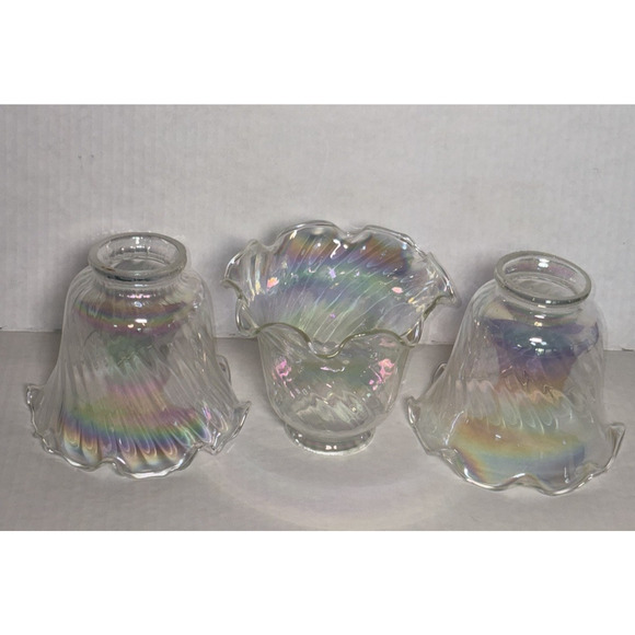 Set of 3 Iridescent 4” Light Shade Hurricane Lamp Swirl Bell Ruffled Fitter 2” - Picture 1 of 14